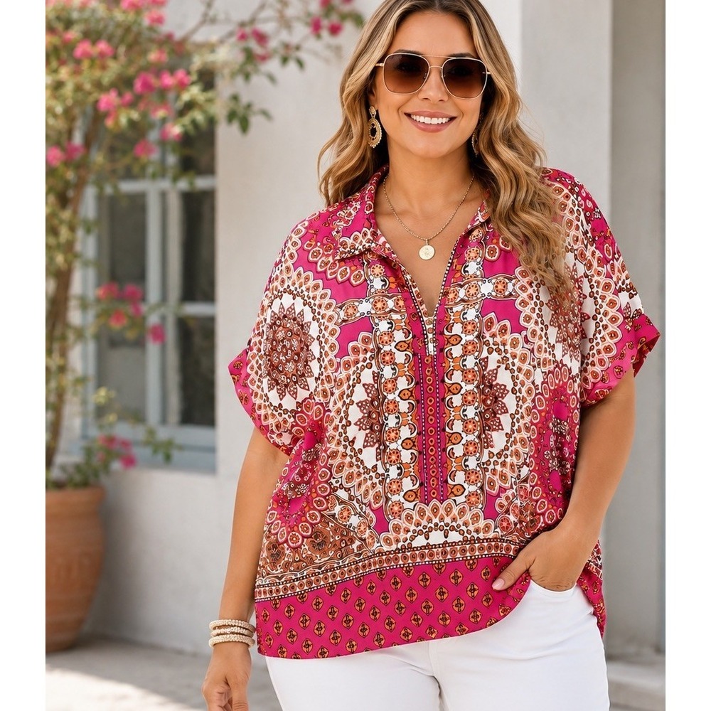 Single Thread Top Women's Large Pink Black Floral Abstract Relaxed Resort New